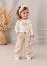 Baby Meisjes Set 2-Delig – Beige Crème – Longsleeve met Hartje & Wijde Broek – Comfortabele Baby Outfit - maat 80