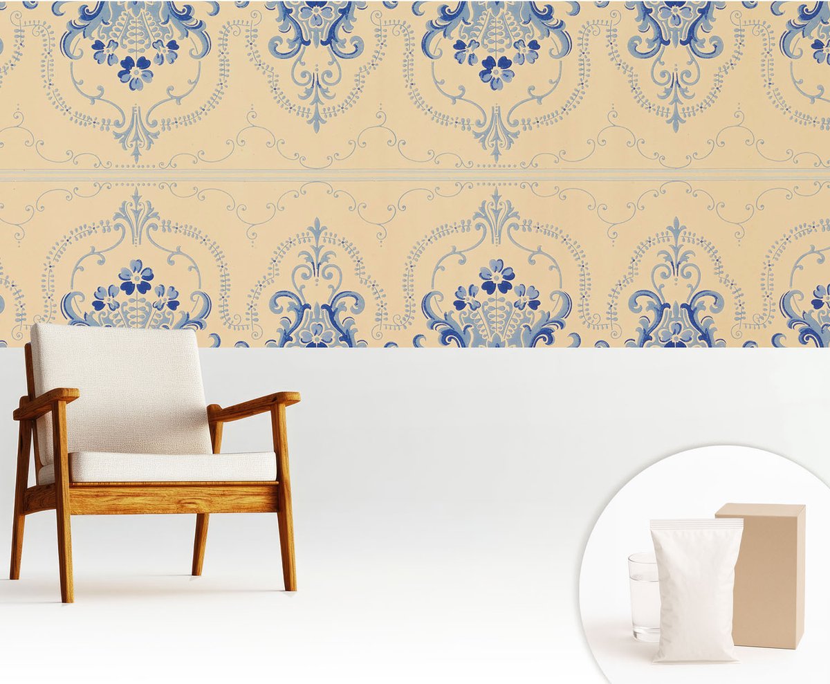 Wallfluent Fotobehang - Beige Vliesbehang - 250x104 cm - Blauwe Ornamenten Fotobehang Vlies - Hal behang Achtergronden En Patronen - Muurschildering - Woonkamer behang