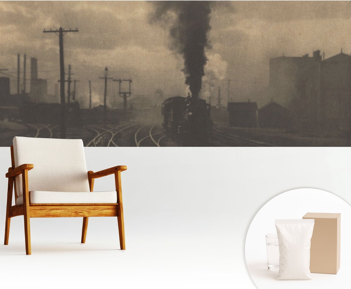 Wallfluent Fotobehang - Geel Vliesbehang - 250x104 cm - Industrielandschap Muurschildering - Gang behang Architectuur - Fotobehang Vlies - Slaapkamer behang