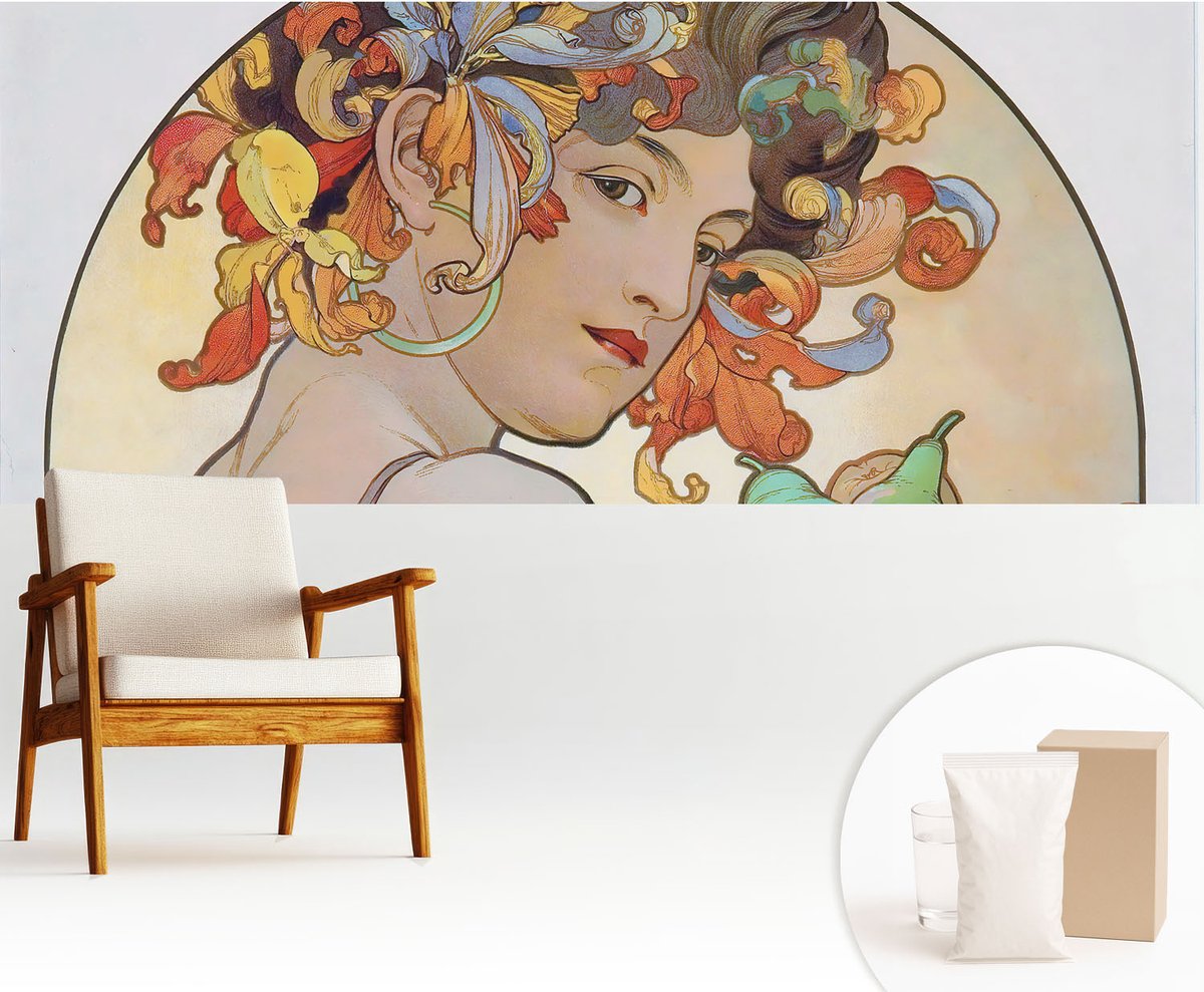 Wallfluent Fotobehang - Beige Vliesbehang - 250x104 cm - Kleurrijke Art Nouveau Fotobehang Vlies - Woonkamer behang Deel - Muurschildering - Hal behang