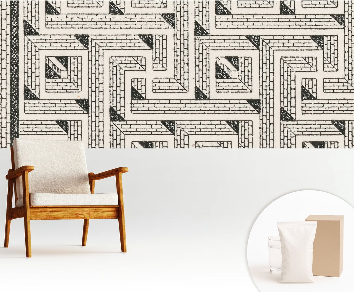 Wallfluent Fotobehang - Zwart-Wit Vliesbehang - 250x104 cm - Bakstenen Doolhof Muurschildering - Gang behang Geometrie - Fotobehang Vlies - Gang behang