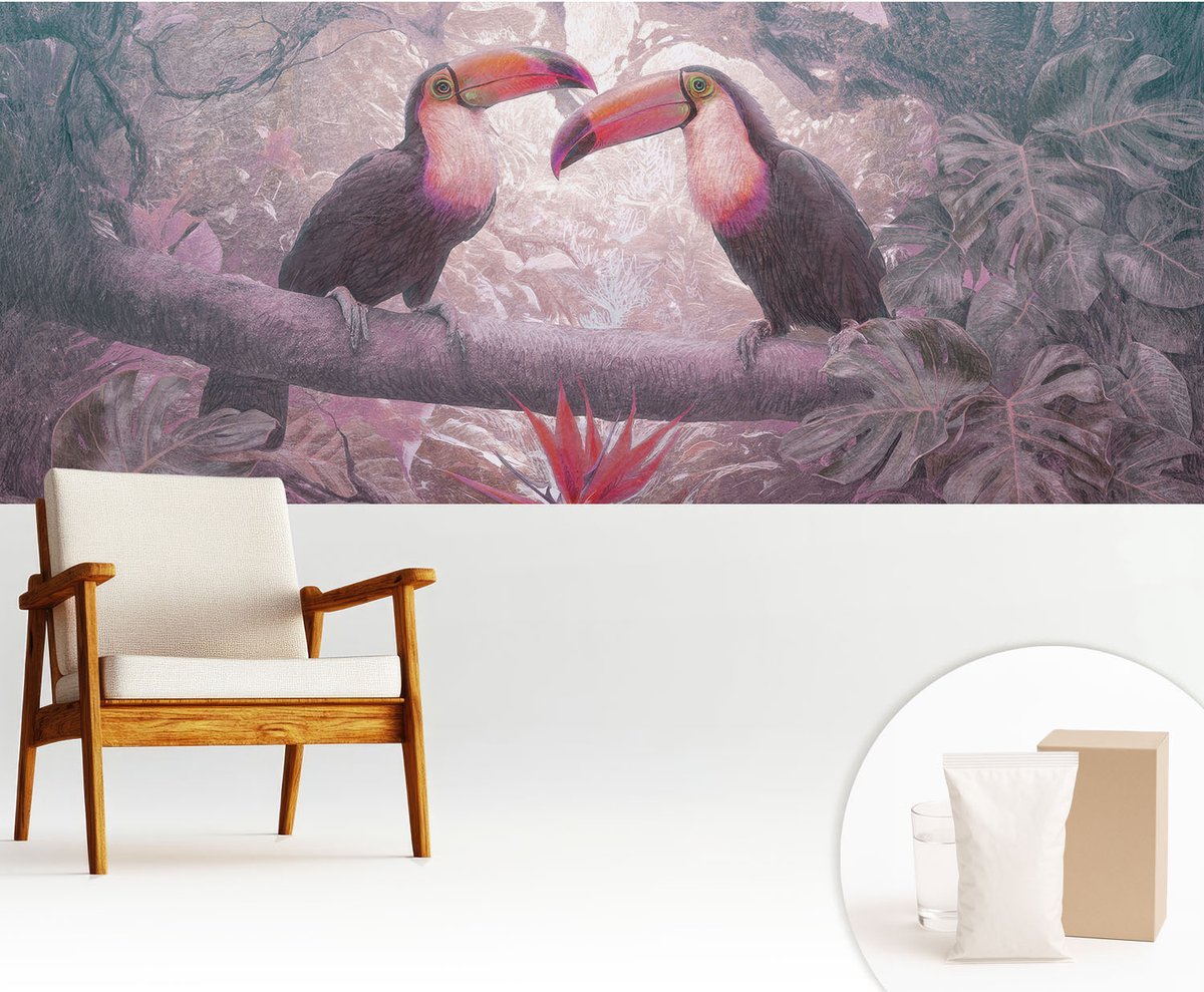 Wallfluent Fotobehang - Roze Vliesbehang - 250x104 cm - Exotisch Stel Fotobehang Vlies - Woonkamer behang Dieren - Muurschildering - Woonkamer behang