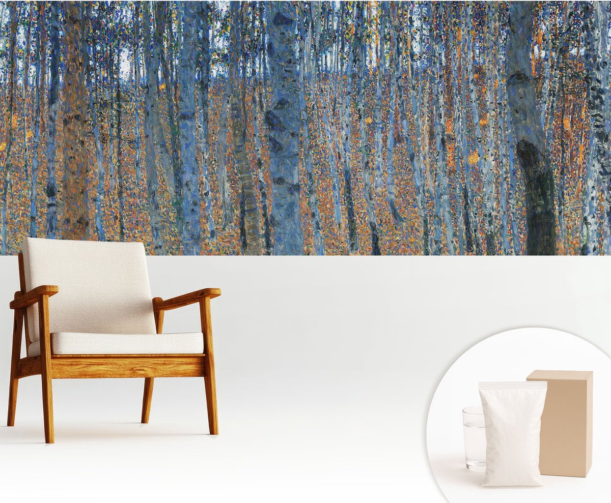 Wallfluent Fotobehang - Blauw Vliesbehang - 250x104 cm - Berkenbos Muurschildering - Slaapkamer behang Bloemen En Planten - Fotobehang Vlies - Slaapkamer behang