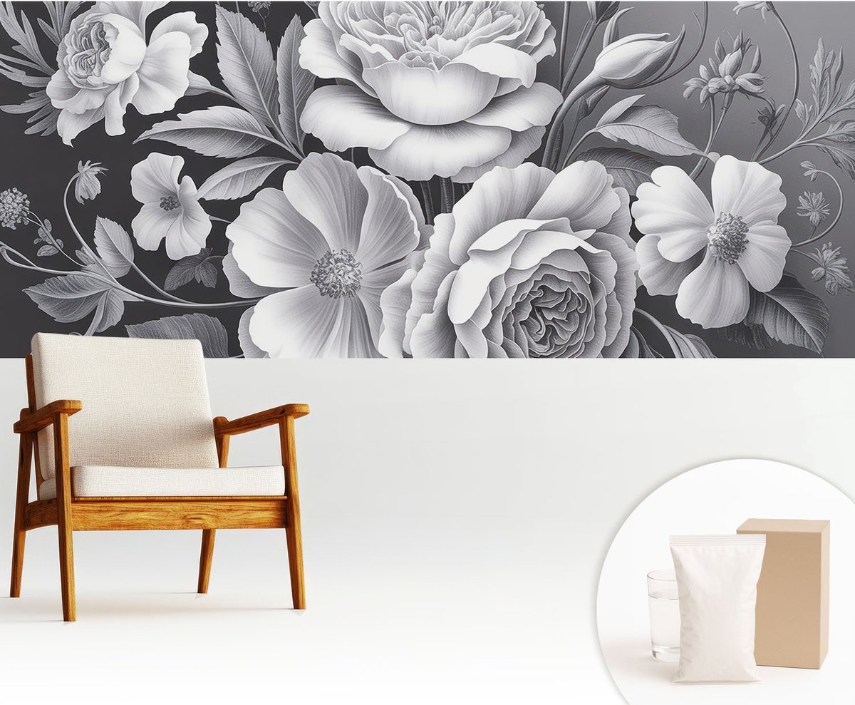 Wallfluent Fotobehang - Zwart Vliesbehang - 250x104 cm - Grijze Bloemen Fotobehang Vlies - Hal behang Bloemen En Planten - Muurschildering - Hal behang