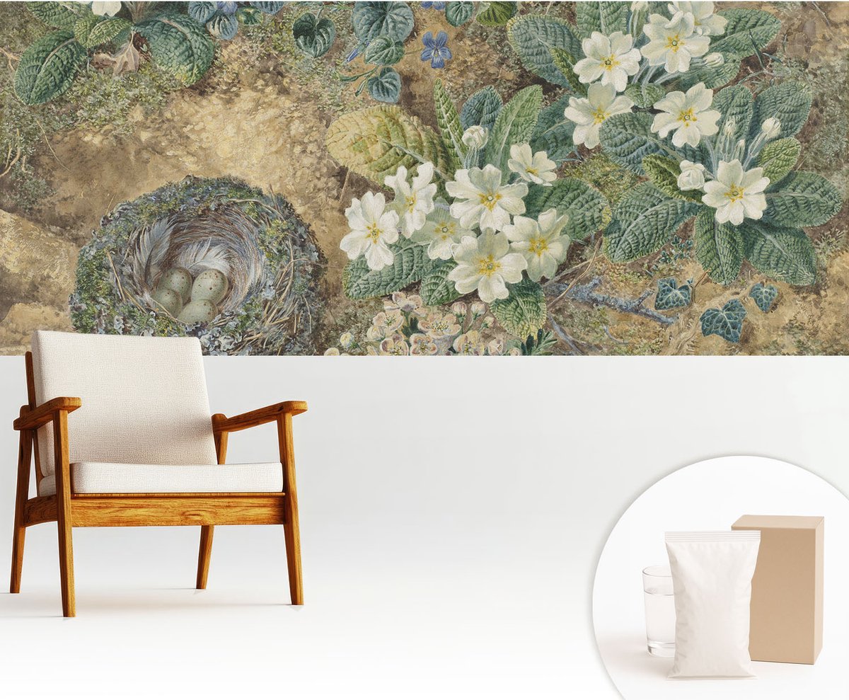 Wallfluent Fotobehang - Wit Vliesbehang - 250x104 cm - Lente Compositie Fotobehang Vlies - Hal behang Bloemen En Planten - Muurschildering - Woonkamer behang