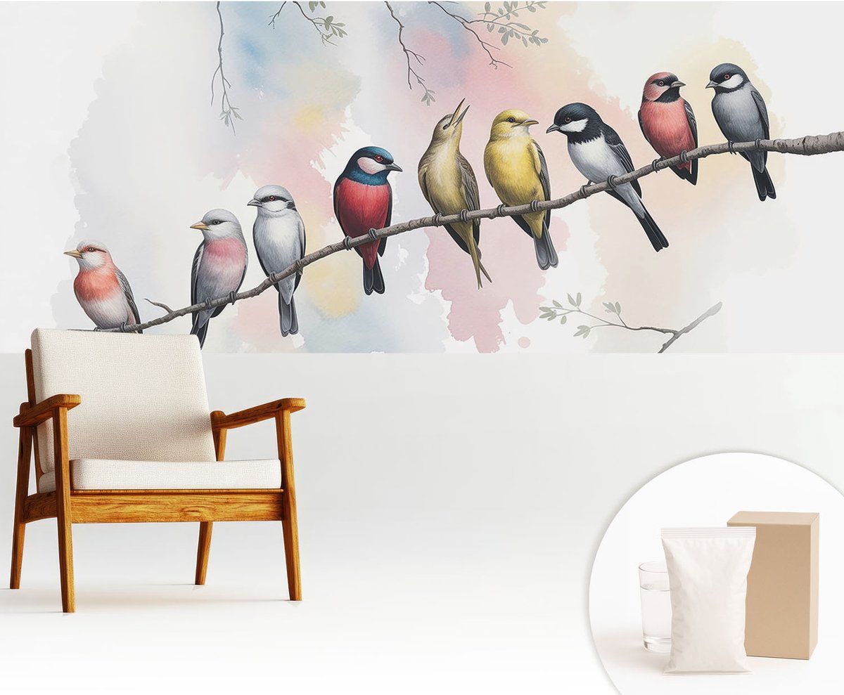 Wallfluent Fotobehang - Wit Vliesbehang - 250x104 cm - Vogels Op Een Tak Fotobehang Vlies - Woonkamer behang Bloemen En Planten - Muurschildering - Hal behang