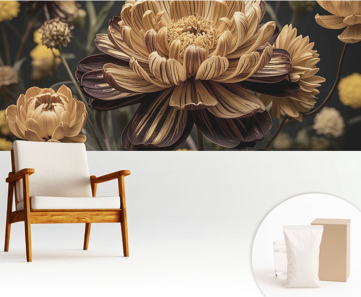 Wallfluent Fotobehang - Grijs Vliesbehang - 250x104 cm - Bloemige Elegantie Fotobehang Vlies - Hal behang Bloemen En Planten - Muurschildering - Woonkamer behang
