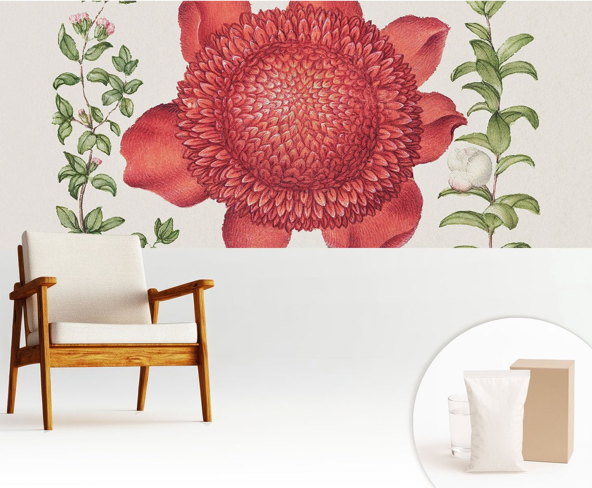 Wallfluent Fotobehang - Rood Vliesbehang - 250x104 cm - Bloemige Elegantie Fotobehang Vlies - Woonkamer behang Bloemen En Planten - Muurschildering - Hal behang