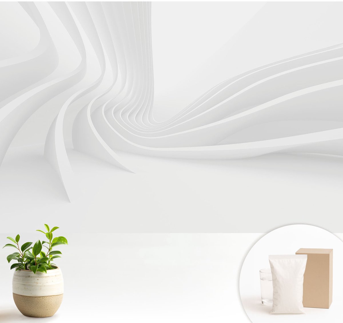 Wallfluent Fotobehang - Wit Vliesbehang - 104x70 cm - Golvende Lijnen Fotobehang Vlies - Woonkamer behang Abstractie - Muurschildering - Hal behang
