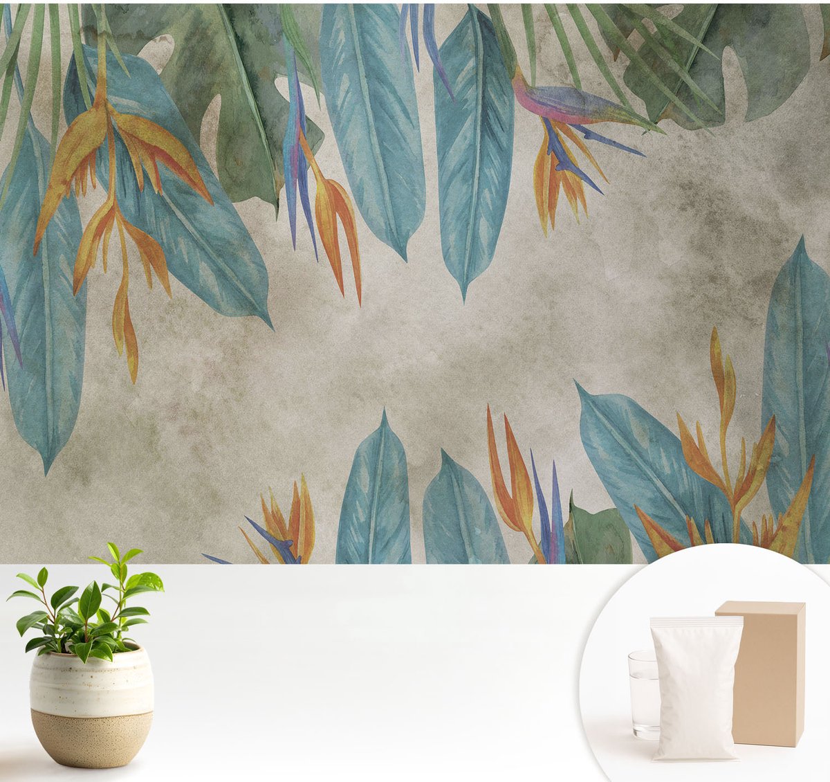 Wallfluent Fotobehang - Blauw Vliesbehang - 104x70 cm - Tropische Bloemen Fotobehang Vlies - Hal behang Bloemen En Planten - Muurschildering - Woonkamer behang