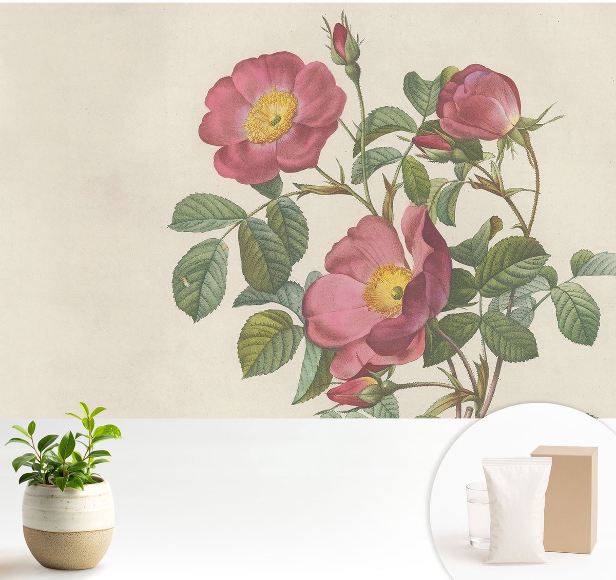 Wallfluent Fotobehang - Roze Vliesbehang - 104x70 cm - Rozenmotief Muurschildering - Gang behang Bloemen En Planten - Fotobehang Vlies - Slaapkamer behang