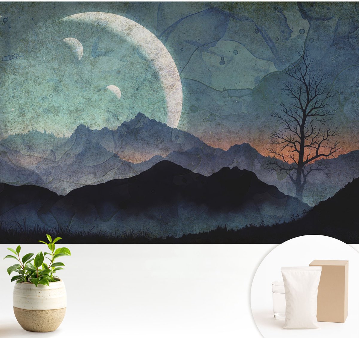 Wallfluent Fotobehang - Blauw Vliesbehang - 104x70 cm - Nachtlandschap Fotobehang Vlies - Hal behang Landschappen - Muurschildering - Hal behang