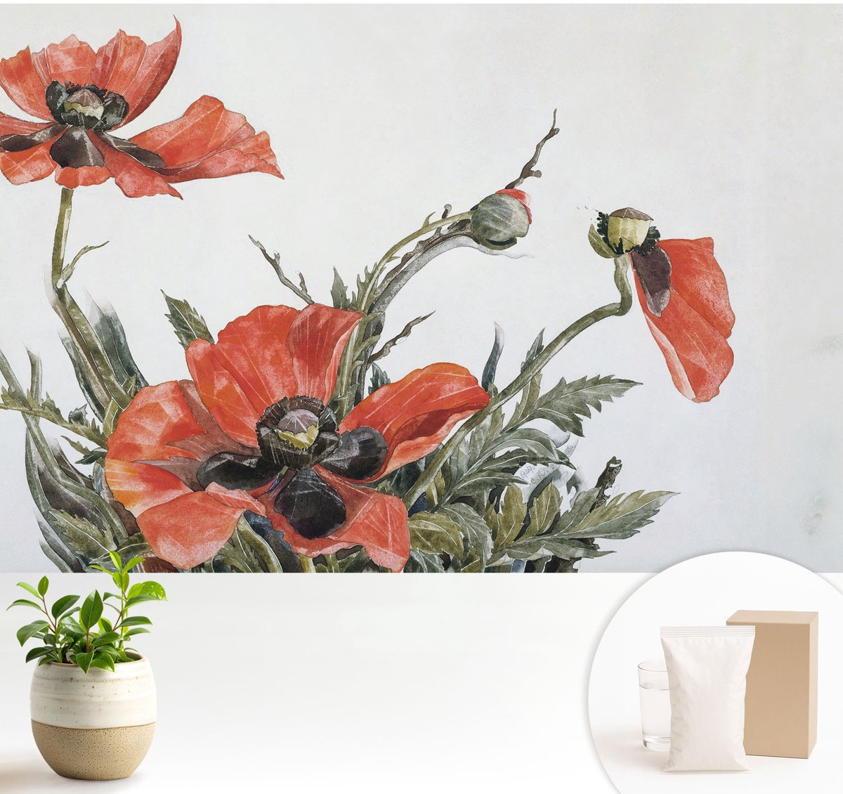Wallfluent Fotobehang - Rood Vliesbehang - 104x70 cm - Rode Klaprozen Muurschildering - Slaapkamer behang Bloemen En Planten - Fotobehang Vlies - Gang behang