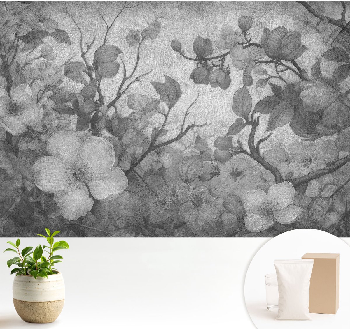 Wallfluent Fotobehang - Zwart-Wit Vliesbehang - 104x70 cm - Bloemtak Muurschildering - Slaapkamer behang Bloemen En Planten - Fotobehang Vlies - Slaapkamer behang