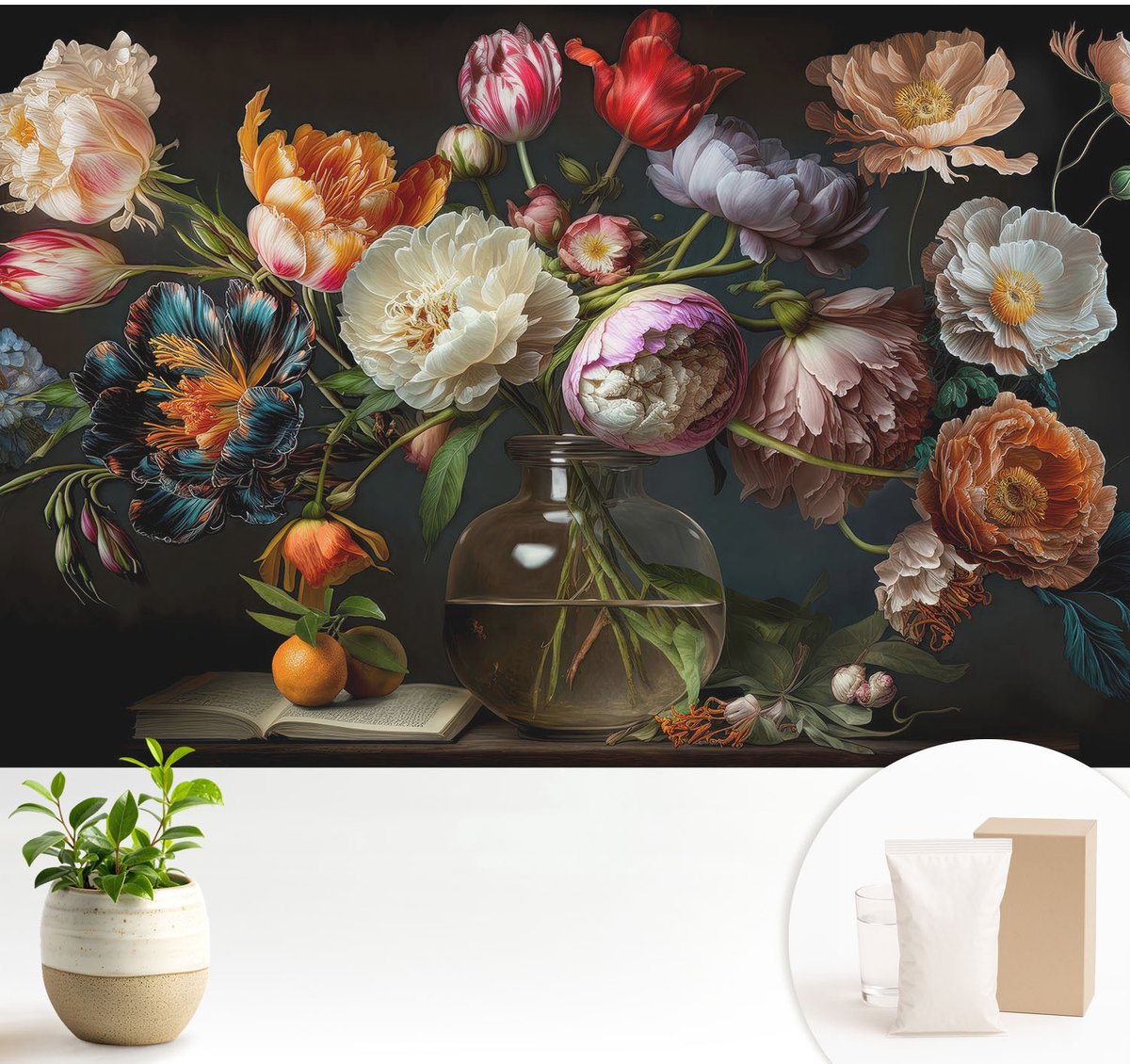 Wallfluent Fotobehang - Oranje Vliesbehang - 104x70 cm - Bloemenboeket Fotobehang Vlies - Hal behang Bloemen En Planten - Muurschildering - Hal behang