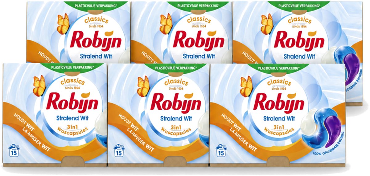 6 x Robijn – 3-in-1 Wascapsules – Stralend Wit – 15 capsules - Voordeelverpakking - 6 stuks