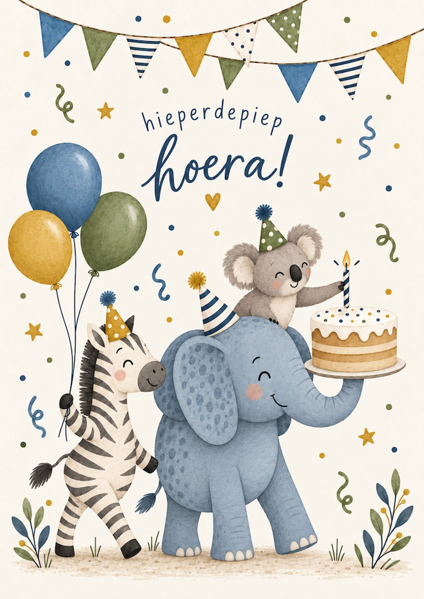 Verjaardagskaart kind met dieren – Hieperdepiep hoera – A6
