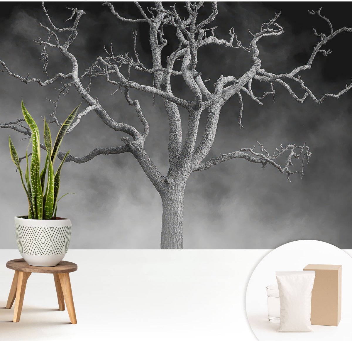 Wallfluent Fotobehang - Zwart-Wit Vliesbehang - 208x146 cm - Mistige Boom Fotobehang Vlies - Woonkamer behang Bloemen En Planten - Muurschildering - Woonkamer behang