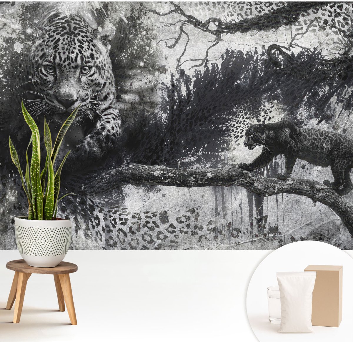Wallfluent Fotobehang - Zwart-Wit Vliesbehang - 208x146 cm - Abstracte Luipaarden Fotobehang Vlies - Hal behang Dieren - Muurschildering - Hal behang