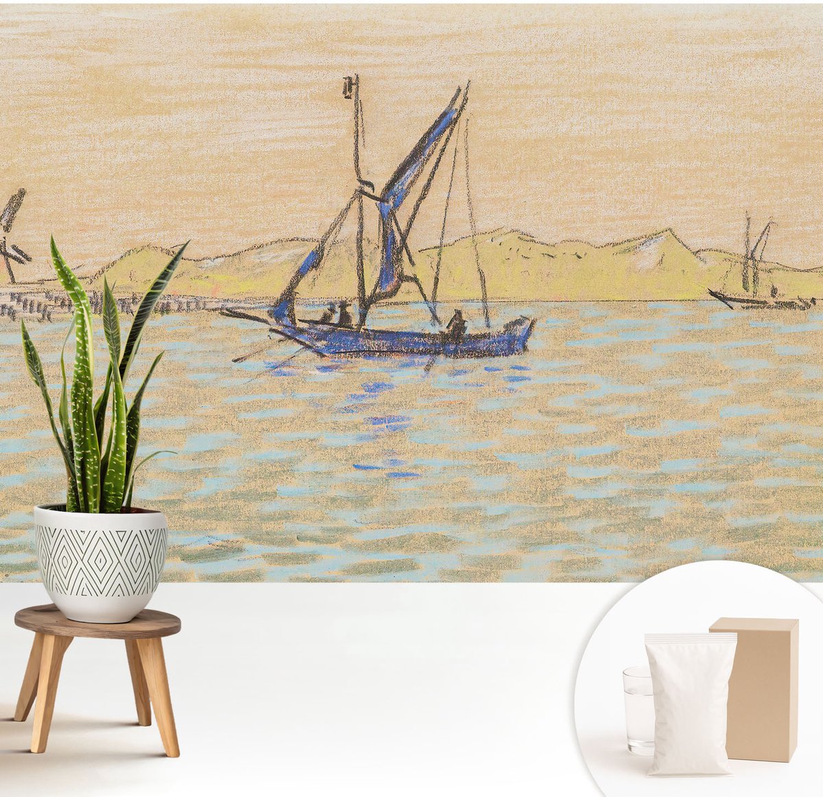 Wallfluent Fotobehang - Beige Vliesbehang - 208x146 cm - Zee Van Vrede Muurschildering - Slaapkamer behang Landschappen - Fotobehang Vlies - Slaapkamer behang