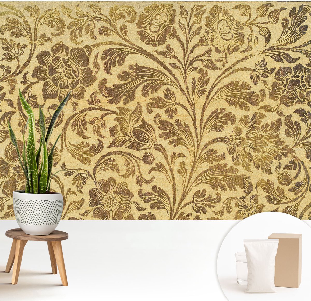 Wallfluent Fotobehang - Geel Vliesbehang - 208x146 cm - Bloemenpatroon Fotobehang Vlies - Woonkamer behang Achtergronden En Patronen - Muurschildering - Woonkamer behang