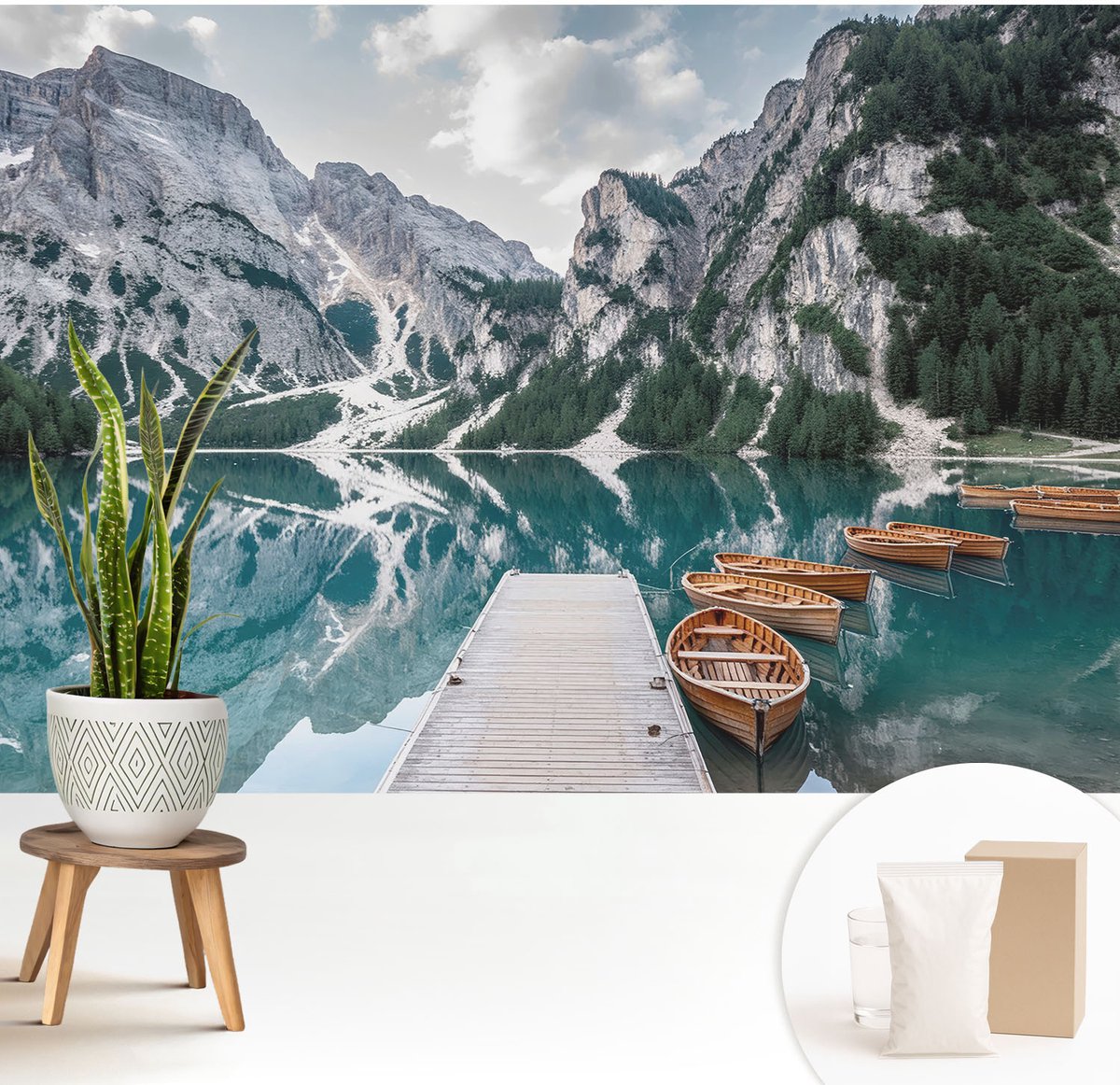 Wallfluent Fotobehang - Wit Vliesbehang - 208x146 cm - Bergpanorama Muurschildering - Gang behang Landschappen - Fotobehang Vlies - Gang behang