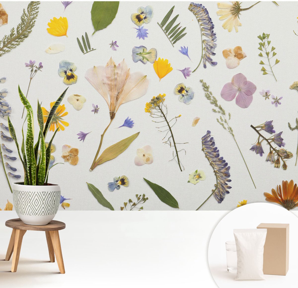 Wallfluent Fotobehang - Wit Vliesbehang - 208x146 cm - Lentebloemen Fotobehang Vlies - Hal behang Bloemen En Planten - Muurschildering - Woonkamer behang