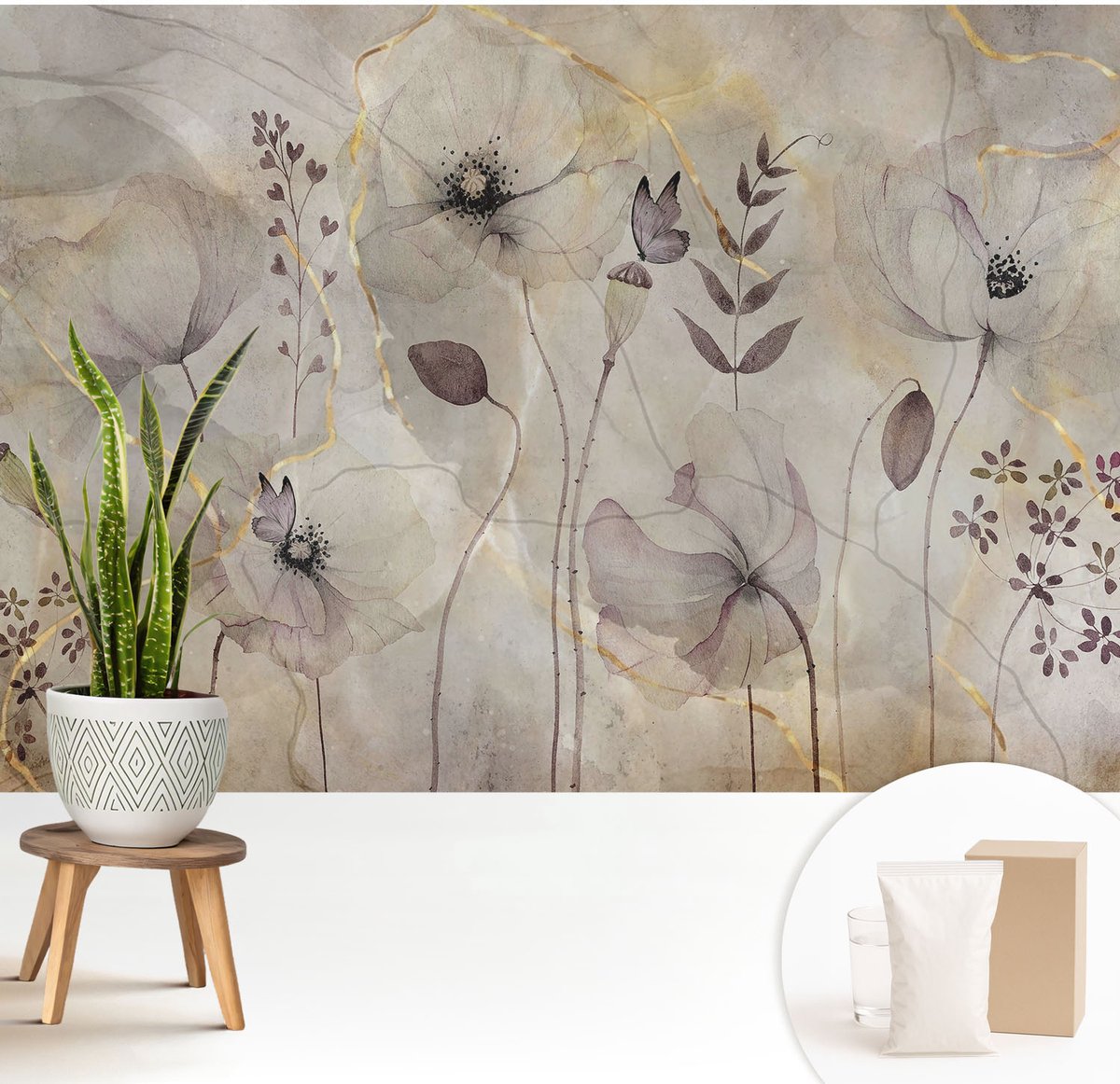 Wallfluent Fotobehang - Grijs Vliesbehang - 208x146 cm - Tere Bloemen Muurschildering - Slaapkamer behang Bloemen En Planten - Fotobehang Vlies - Gang behang