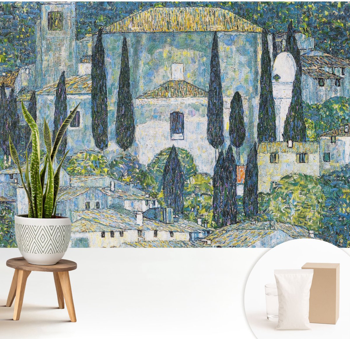 Wallfluent Fotobehang - Blauw Vliesbehang - 208x146 cm - Cypress Huizen Fotobehang Vlies - Hal behang Landschappen - Muurschildering - Woonkamer behang