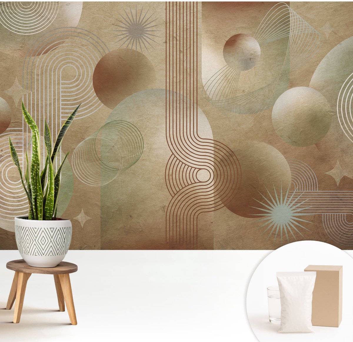 Wallfluent Fotobehang - Beige Vliesbehang - 208x146 cm - Geometrisch Patroon Fotobehang Vlies - Woonkamer behang Abstractie - Muurschildering - Hal behang