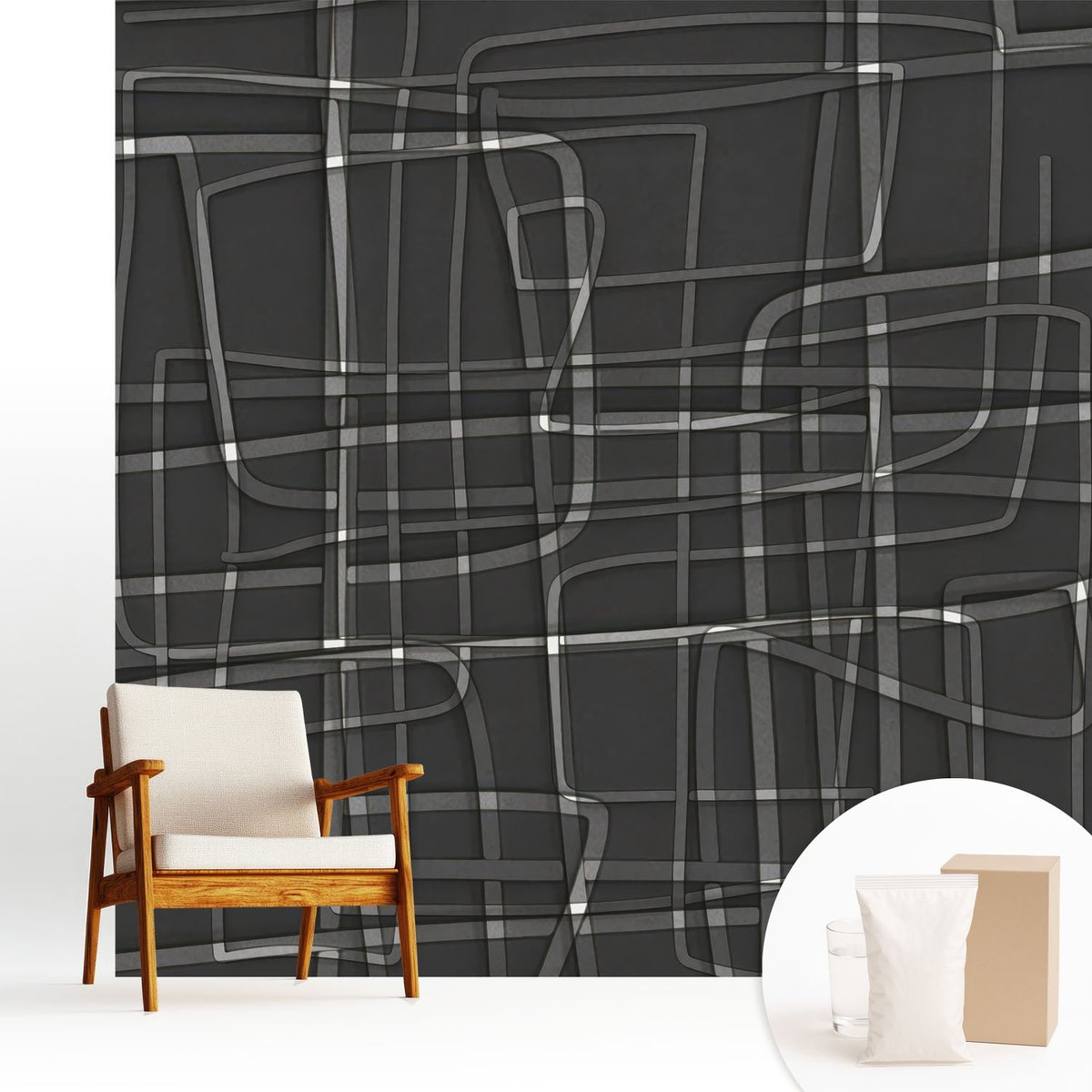 Wallfluent Fotobehang - Zwart Vliesbehang - 250x250 cm - Abstracte Lijnen Fotobehang Vlies - Hal behang Abstractie - Muurschildering - Woonkamer behang
