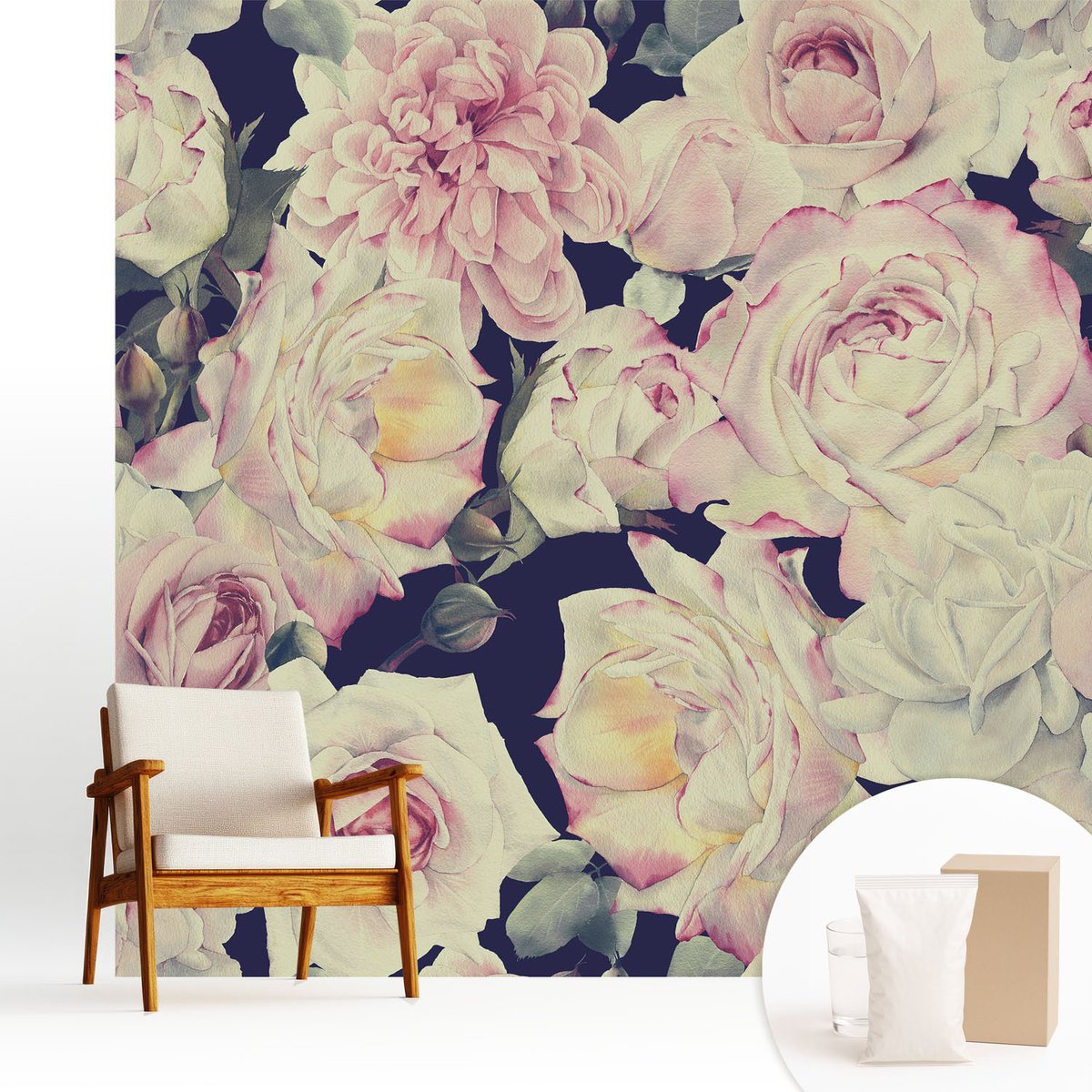 Wallfluent Fotobehang - Wit Vliesbehang - 250x250 cm - Bloemenboeket Fotobehang Vlies - Hal behang Bloemen En Planten - Muurschildering - Hal behang