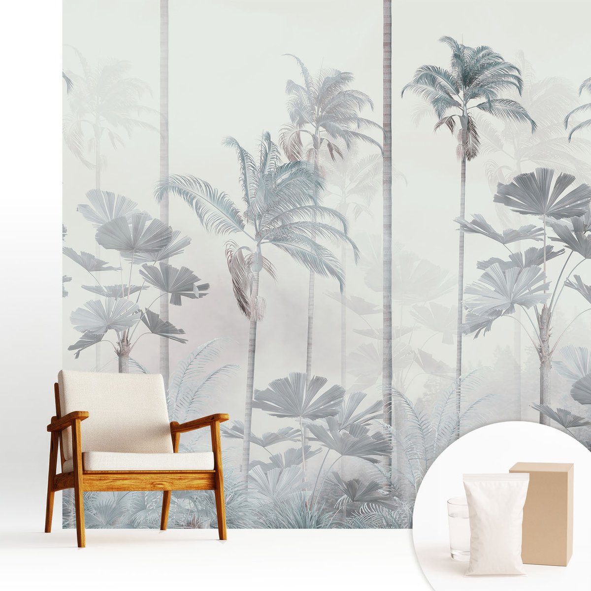 Wallfluent Fotobehang - Wit Vliesbehang - 250x250 cm - Tropisch Landschap Fotobehang Vlies - Hal behang Bloemen En Planten - Muurschildering - Hal behang