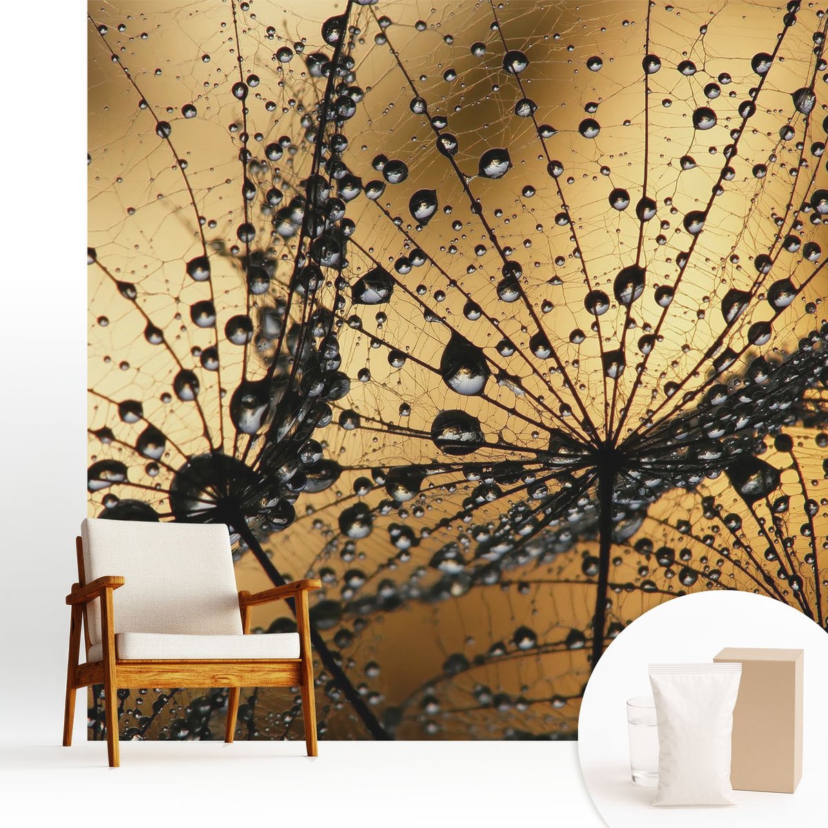 Wallfluent Fotobehang - Zwart Vliesbehang - 250x250 cm - Fijne Druppels Muurschildering - Slaapkamer behang Bloemen En Planten - Fotobehang Vlies - Slaapkamer behang