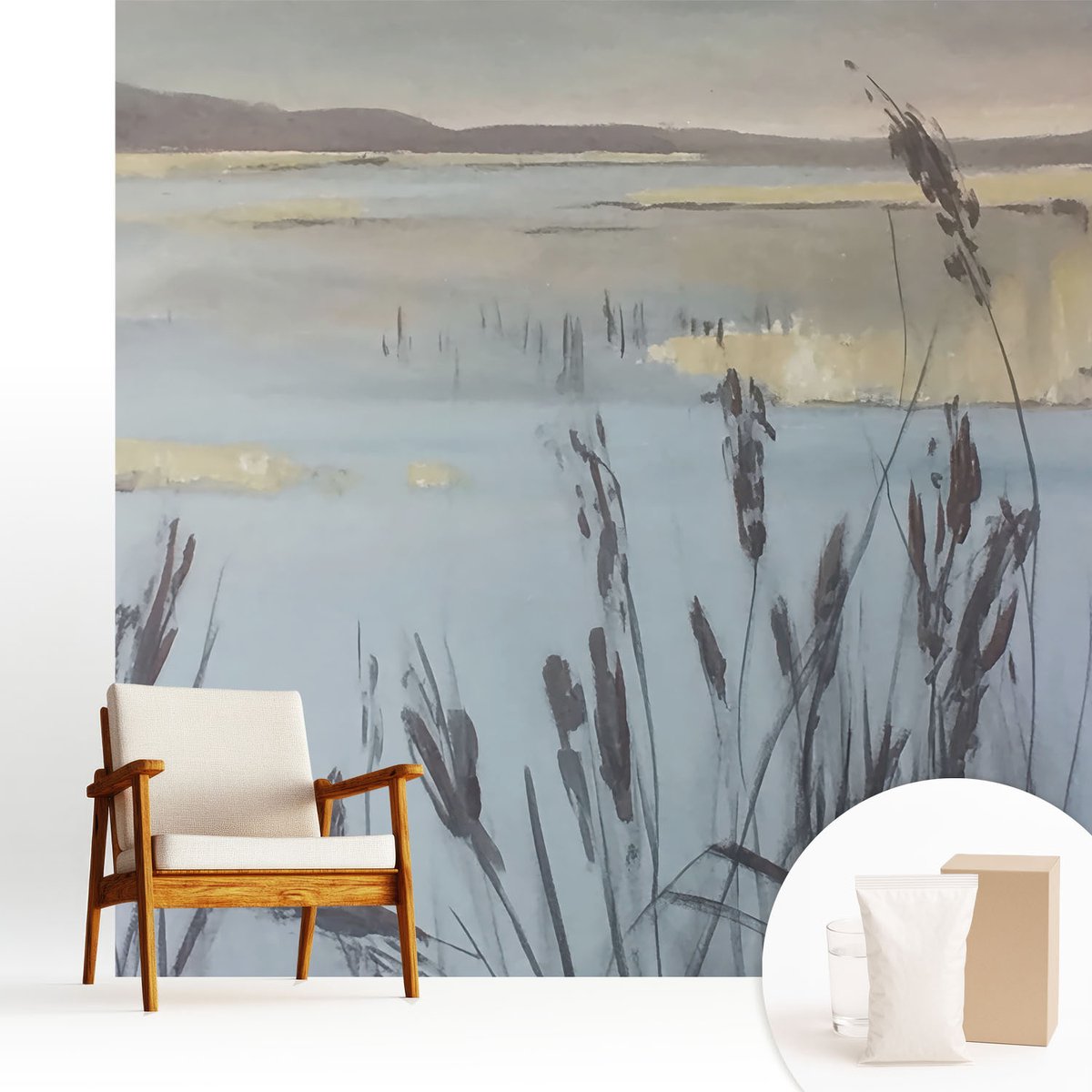 Wallfluent Fotobehang - Grijs Vliesbehang - 250x250 cm - Een Kalm Meer Fotobehang Vlies - Hal behang Landschappen - Muurschildering - Woonkamer behang
