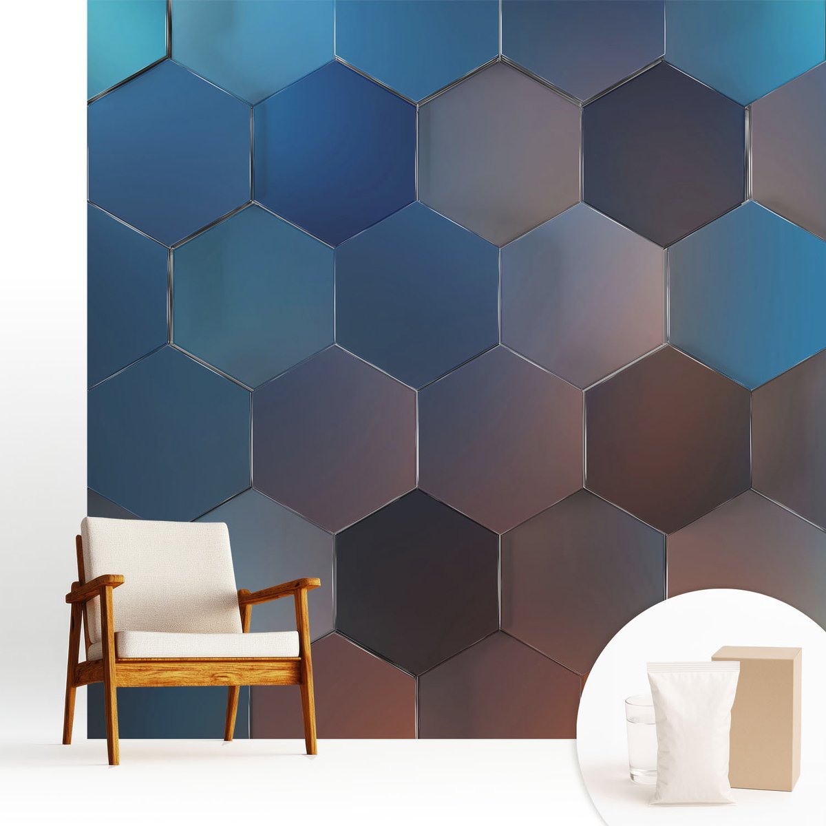 Wallfluent Fotobehang - Blauw Vliesbehang - 250x250 cm - Blauwe Zeshoeken Fotobehang Vlies - Hal behang Abstractie - Muurschildering - Woonkamer behang