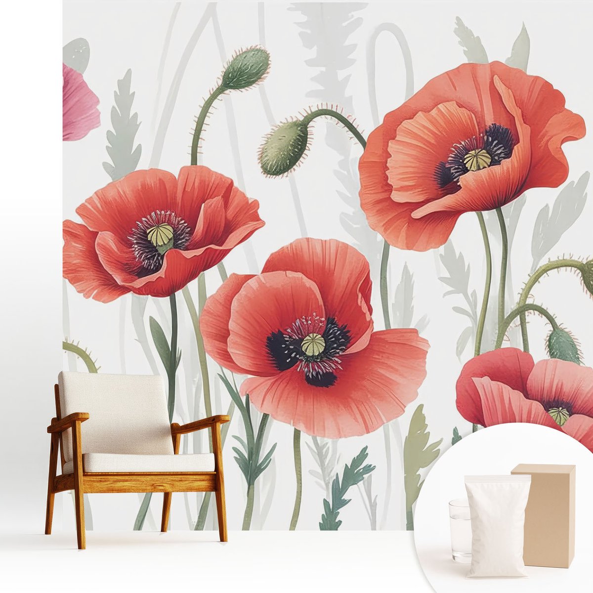 Wallfluent Fotobehang - Rood Vliesbehang - 250x250 cm - Rode Klaprozen Fotobehang Vlies - Hal behang Bloemen En Planten - Muurschildering - Woonkamer behang