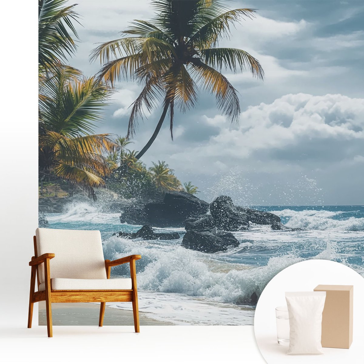 Wallfluent Fotobehang - Blauw Vliesbehang - 250x250 cm - Exotisch Strand Muurschildering - Slaapkamer behang Landschappen - Fotobehang Vlies - Gang behang