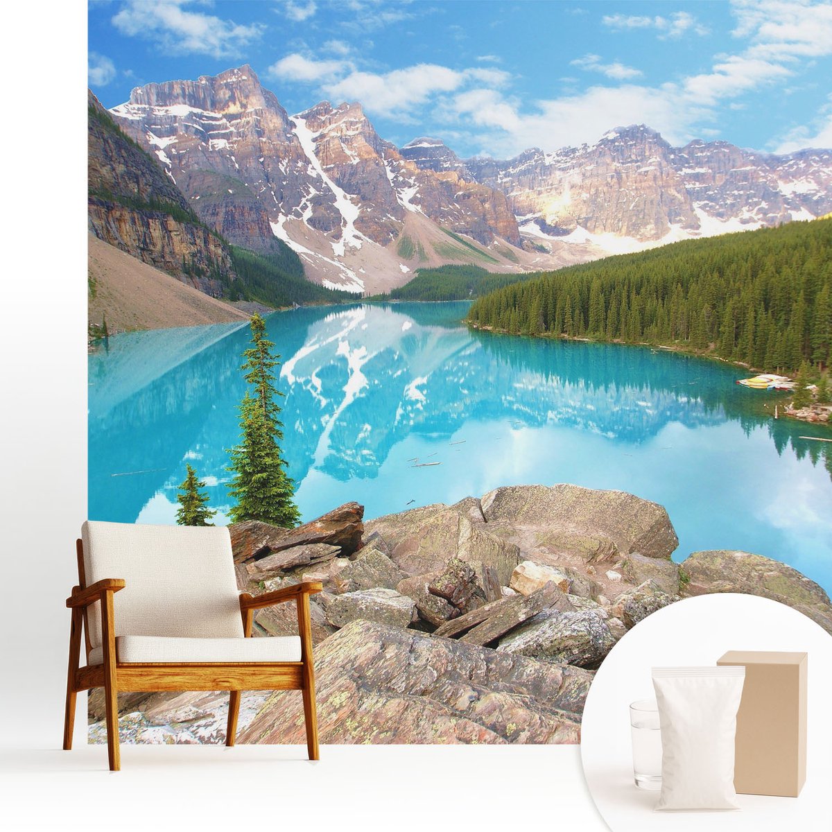 Wallfluent Fotobehang - Blauw Vliesbehang - 250x250 cm - Blauw Meer Muurschildering - Slaapkamer behang Landschappen - Fotobehang Vlies - Slaapkamer behang
