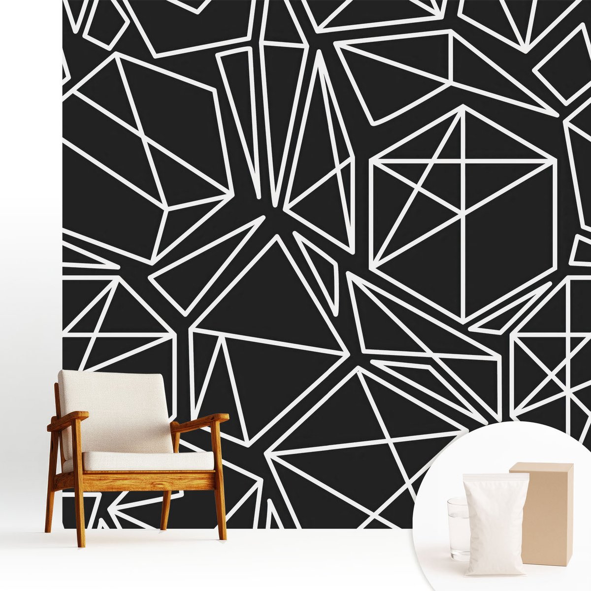 Wallfluent Fotobehang - Zwart Vliesbehang - 250x250 cm - Moderne Abstractie Fotobehang Vlies - Woonkamer behang Geometrie - Muurschildering - Hal behang