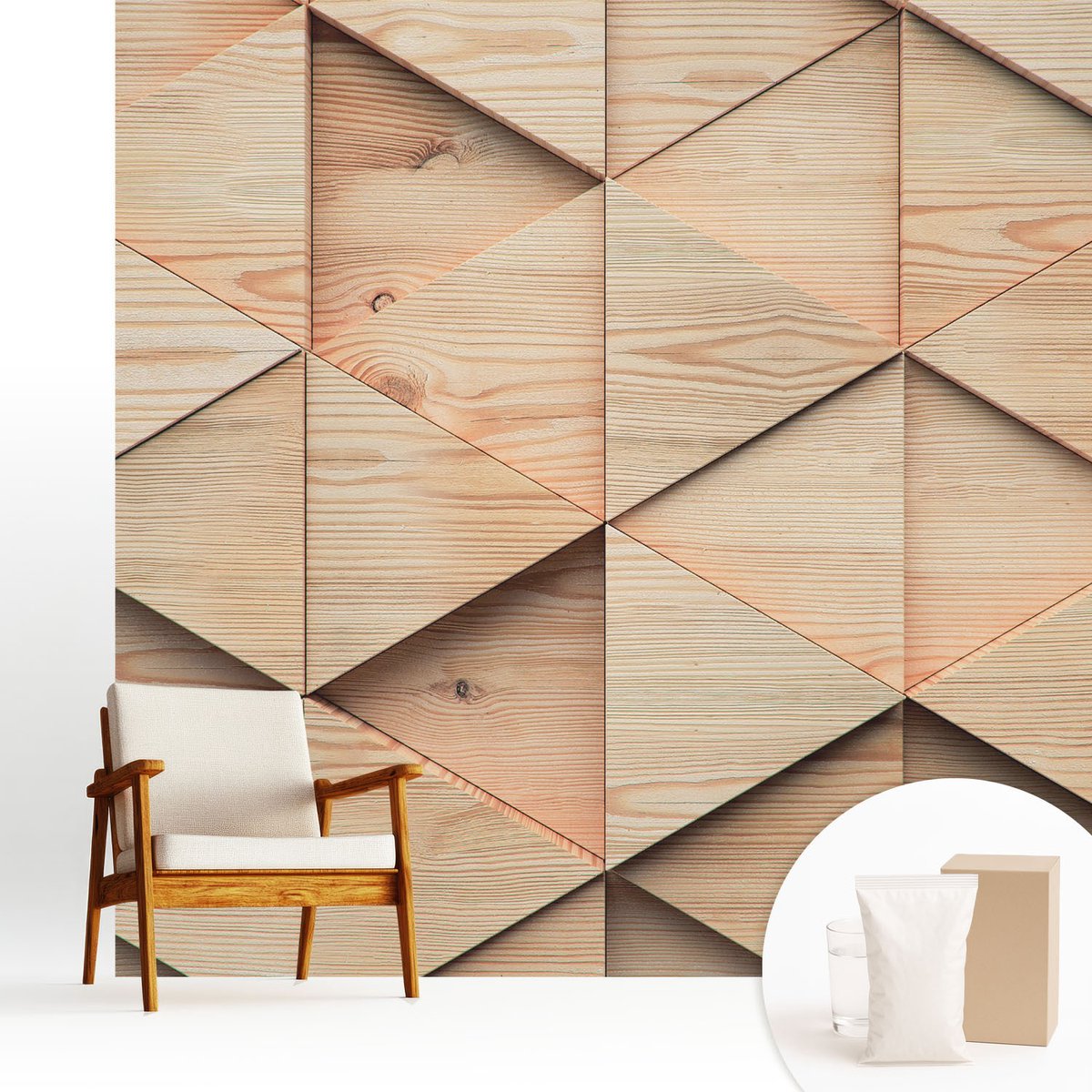 Wallfluent Fotobehang - Beige Vliesbehang - 250x250 cm - Houten Mozaïek Fotobehang Vlies - Woonkamer behang Texturen - Muurschildering - Hal behang