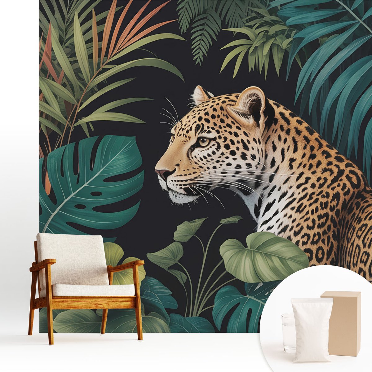 Wallfluent Fotobehang - Groente Vliesbehang - 250x250 cm - Exotische Luipaard Muurschildering - Gang behang Dieren - Fotobehang Vlies - Slaapkamer behang