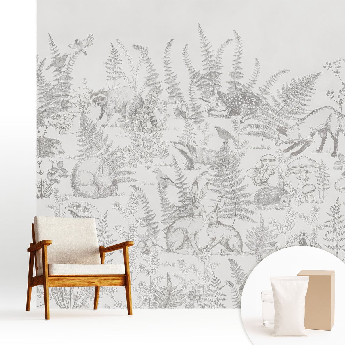 Wallfluent Fotobehang - Grijs Vliesbehang - 250x250 cm - Bosdieren Fotobehang Vlies - Woonkamer behang Dieren - Muurschildering - Woonkamer behang