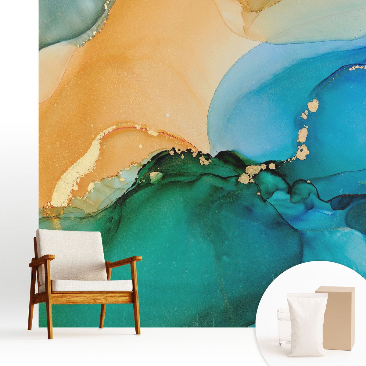 Wallfluent Fotobehang - Blauw Vliesbehang - 250x250 cm - Kleurrijke Golven Fotobehang Vlies - Hal behang Abstractie - Muurschildering - Woonkamer behang