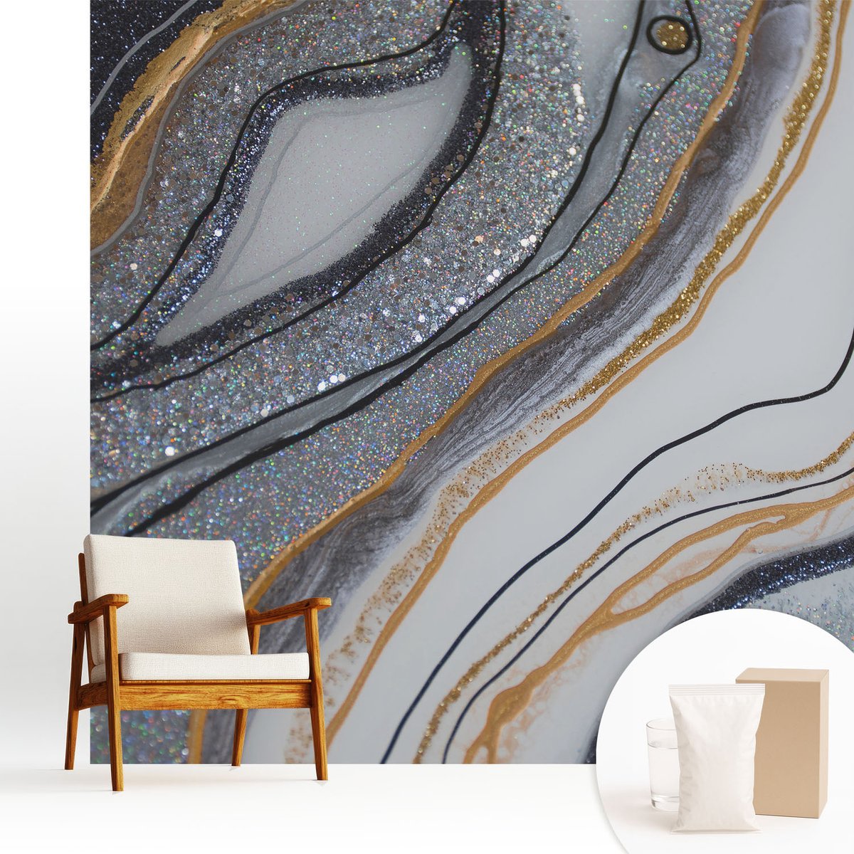 Wallfluent Fotobehang - Zwart Vliesbehang - 250x250 cm - Steengolven Fotobehang Vlies - Hal behang Abstractie - Muurschildering - Woonkamer behang
