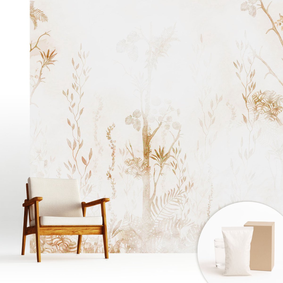 Wallfluent Fotobehang - Wit Vliesbehang - 250x250 cm - Botanische Elegantie Muurschildering - Slaapkamer behang Bloemen En Planten - Fotobehang Vlies - Slaapkamer behang