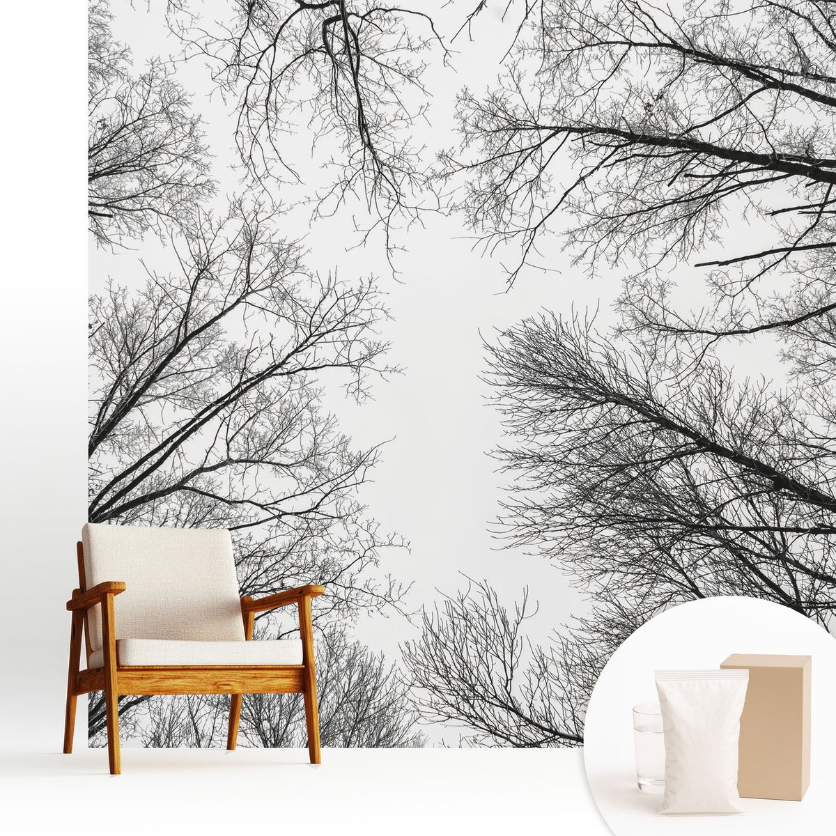 Wallfluent Fotobehang - Zwart-Wit Vliesbehang - 250x250 cm - Kale Takken Muurschildering - Gang behang Landschappen - Fotobehang Vlies - Slaapkamer behang