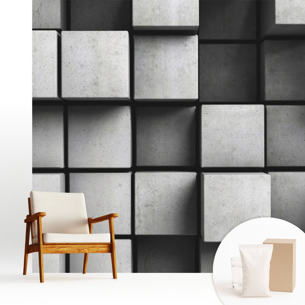 Wallfluent Fotobehang - Grijs Vliesbehang - 250x250 cm - Geometrische Kubussen Muurschildering - Slaapkamer behang Geometrie - Fotobehang Vlies - Slaapkamer behang