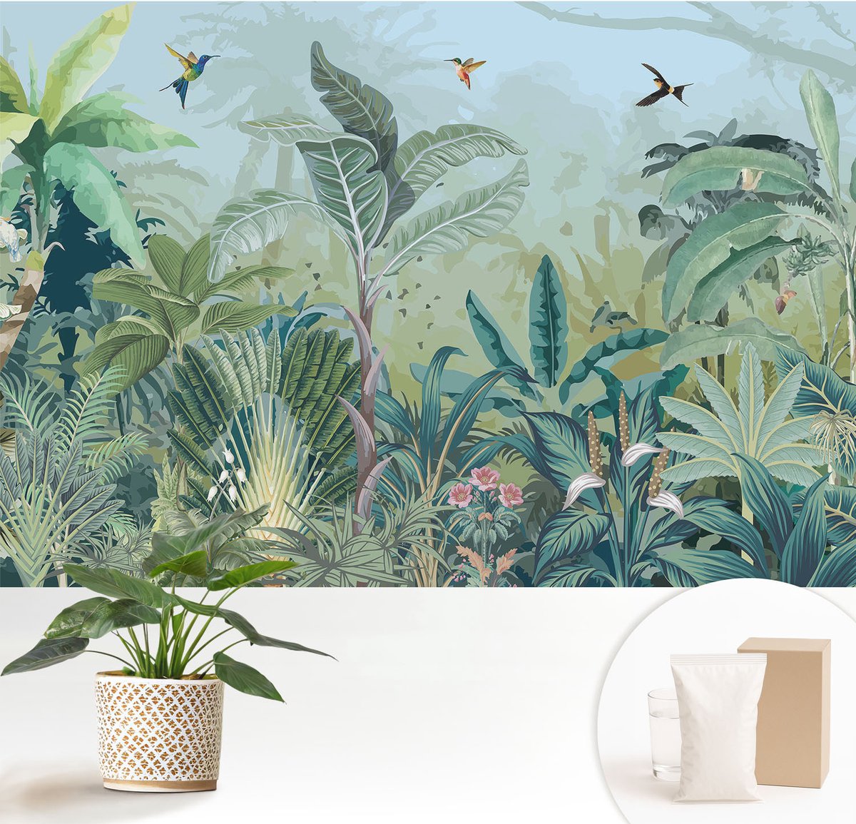 Wallfluent Fotobehang - Groente Vliesbehang - 152x104 cm - Tropische Natuur Muurschildering - Slaapkamer behang Bloemen En Planten - Fotobehang Vlies - Slaapkamer behang