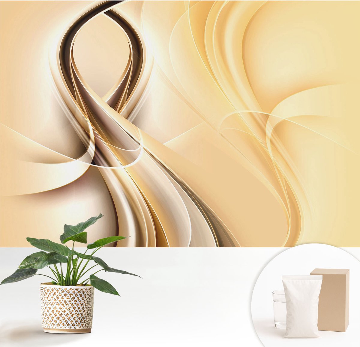 Wallfluent Fotobehang - Beige Vliesbehang - 152x104 cm - Golvende Lijnen Fotobehang Vlies - Woonkamer behang Abstractie - Muurschildering - Woonkamer behang